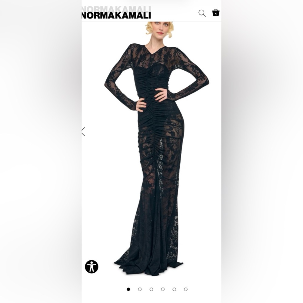 Norma Kamali Long Sleeve V Neck Shirred Front Fishtail Gown